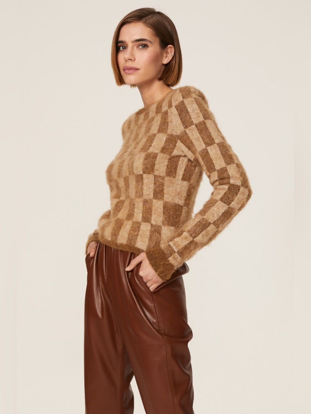 Nanushka Feline Brushed Alpaca Wool Checkered Sweater | Small | Creme & Brown